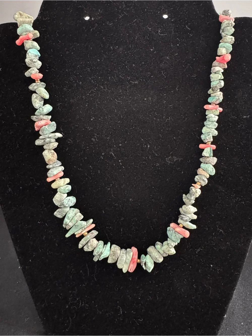 Turquoise & Coral Chip Necklace - 22”- Copper Accents - Boho